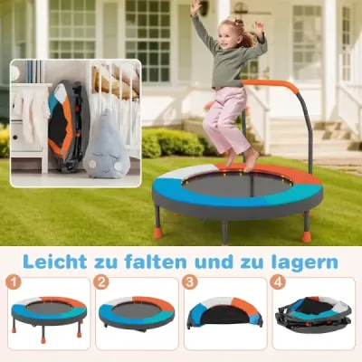 90cm mini trampolína se světly, skládací, pěnová rukojeť, ochranný kryt pro batolata, oranžová + modrá
