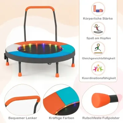 90cm mini trampolína se světly, skládací, pěnová rukojeť, ochranný kryt pro batolata, oranžová + modrá