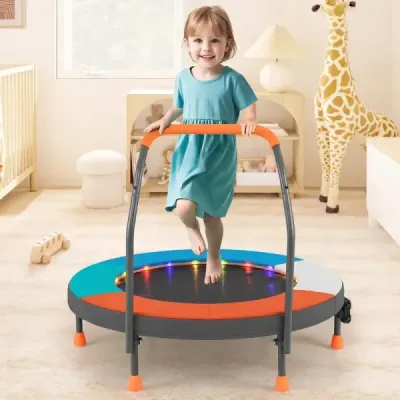 90cm mini trampolína se světly, skládací, pěnová rukojeť, ochranný kryt pro batolata, oranžová + modrá