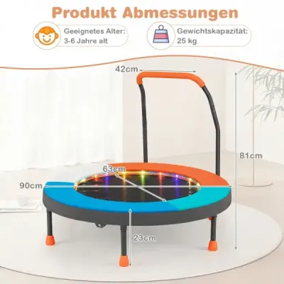 90cm mini trampolína se světly, skládací, pěnová rukojeť, ochranný kryt pro batolata, oranžová + modrá