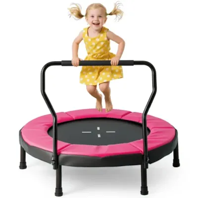 Ø102 cm dětská trampolína fitness trampolína vnitřní s odnímatelnou rukojetí mini trampolína s nosností do 100 kg růžová