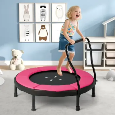 Ø102 cm dětská trampolína fitness trampolína vnitřní s odnímatelnou rukojetí mini trampolína s nosností do 100 kg růžová