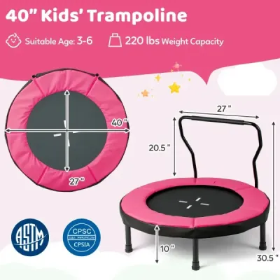 Ø102 cm dětská trampolína fitness trampolína vnitřní s odnímatelnou rukojetí mini trampolína s nosností do 100 kg růžová
