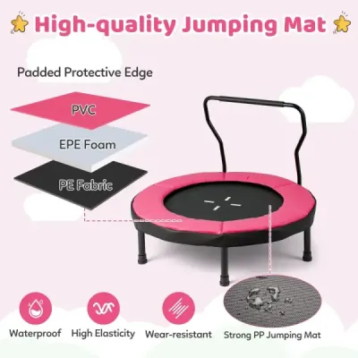 Ø102 cm dětská trampolína fitness trampolína vnitřní s odnímatelnou rukojetí mini trampolína s nosností do 100 kg růžová