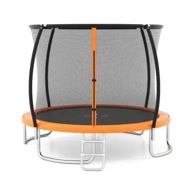 Venkovní trampolína s žebříkem, kulatá zahradní trampolína s ochrannou sítí, krytem okraje a kovovým rámem, Ø366 cm, oranžová