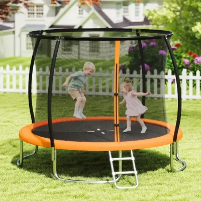 Venkovní trampolína s žebříkem, kulatá zahradní trampolína s ochrannou sítí, krytem okraje a kovovým rámem, Ø366 cm, oranžová