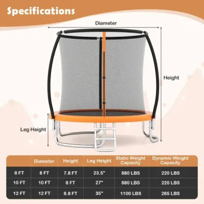 Venkovní trampolína s žebříkem, kulatá zahradní trampolína s ochrannou sítí, krytem okraje a kovovým rámem, Ø366 cm, oranžová