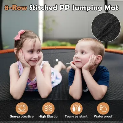 Venkovní trampolína s žebříkem, kulatá zahradní trampolína s ochrannou sítí, krytem okraje a kovovým rámem, Ø366 cm, oranžová