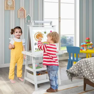 Dětský stojan 3 v 1 oboustranná tabule a tabule a stojan na papír na kreslení bílá