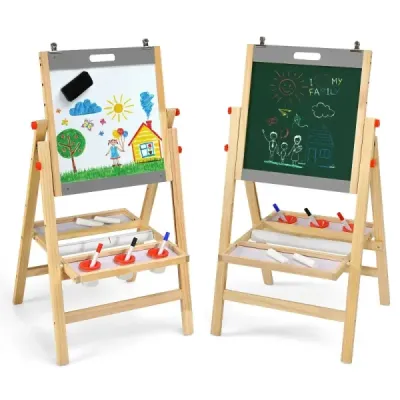 Skládací dětská deska na malováni 3v1, výškově nastavitelná dřevěná deska 50,5 x 53,5 x 79-104 cm přírodní + šedá