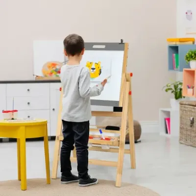 Skládací dětská deska na malováni 3v1, výškově nastavitelná dřevěná deska 50,5 x 53,5 x 79-104 cm přírodní + šedá