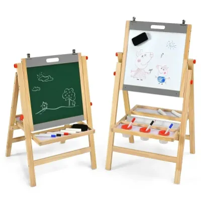 Skládací dětská deska na malováni 3v1, výškově nastavitelná dřevěná deska 50,5 x 53,5 x 79-104 cm přírodní + šedá