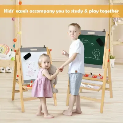 Skládací dětská deska na malováni 3v1, výškově nastavitelná dřevěná deska 50,5 x 53,5 x 79-104 cm přírodní + šedá