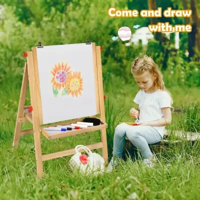 Skládací dětská deska na malováni 3v1, výškově nastavitelná dřevěná deska 50,5 x 53,5 x 79-104 cm přírodní + šedá