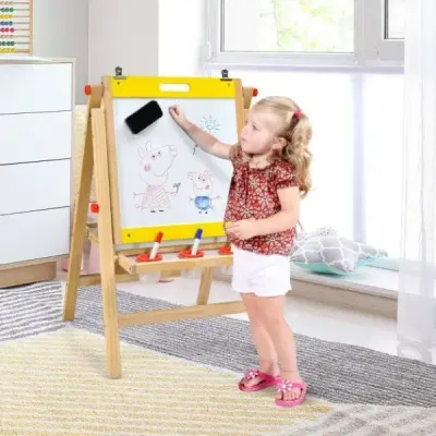 Dětská deska 3v1 skládací Výškově nastavitelná dřevěná deska pro děti 50,5 x 53,5 x 79-104 cm Přírodní + Žlutá