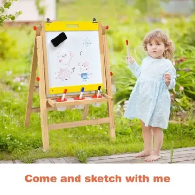 Dětská deska 3v1 skládací Výškově nastavitelná dřevěná deska pro děti 50,5 x 53,5 x 79-104 cm Přírodní + Žlutá