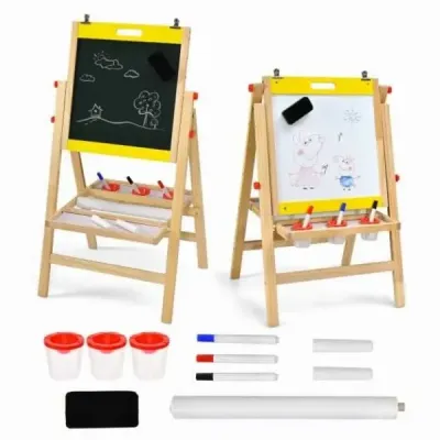 Dětská deska 3v1 skládací Výškově nastavitelná dřevěná deska pro děti 50,5 x 53,5 x 79-104 cm Přírodní + Žlutá