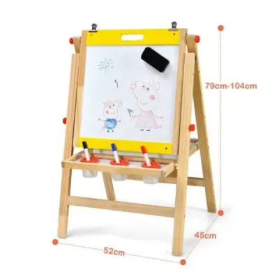 Dětská deska 3v1 skládací Výškově nastavitelná dřevěná deska pro děti 50,5 x 53,5 x 79-104 cm Přírodní + Žlutá