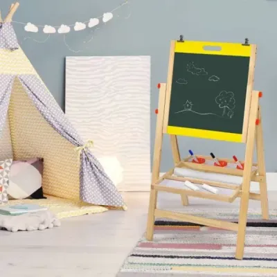 Dětská deska 3v1 skládací Výškově nastavitelná dřevěná deska pro děti 50,5 x 53,5 x 79-104 cm Přírodní + Žlutá