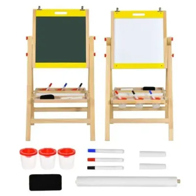 Dětská deska 3v1 skládací Výškově nastavitelná dřevěná deska pro děti 50,5 x 53,5 x 79-104 cm Přírodní + Žlutá