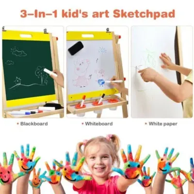 Dětská deska 3v1 skládací Výškově nastavitelná dřevěná deska pro děti 50,5 x 53,5 x 79-104 cm Přírodní + Žlutá