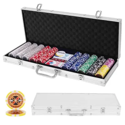 500dílná pokerová souprava s žetony & hracími kartami & kostkami & žetony dealera & stříbrným ubrusem