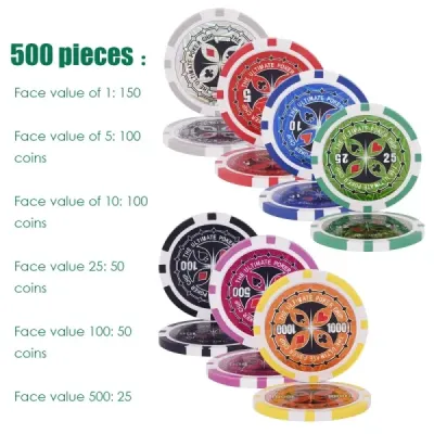 500dílná pokerová souprava s žetony & hracími kartami & kostkami & žetony dealera & stříbrným ubrusem