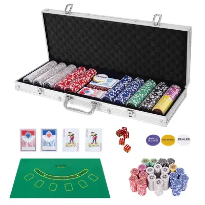 500dílná pokerová souprava s žetony & hracími kartami & kostkami & žetony dealera & stříbrným ubrusem