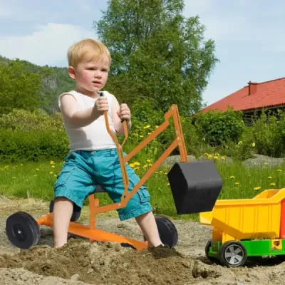 Bagr na sezení s lopatou Kovový dětský bagr Bagr na písek na sezení pro děti od 3 let. Oranžový