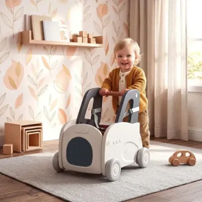 Chodítko pro miminka s rukojetí, tažným lanem, skládacím sedadlem, bezpečnostním pásem a krabicí na hračky na kolečkách ve tvaru auta.