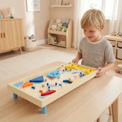 Dřevěný pinballový automat s otočnou tyčí a 3 kuličkami. Dovednostní hra pro děti od 6 let. Barevný.