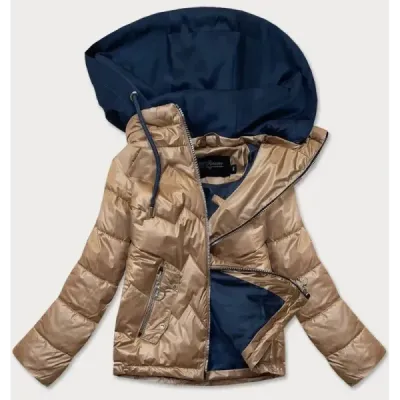 Dámská jarní bunda s kapucí MODA003 karamelovo-modrá