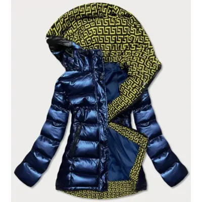 Dámská prošívaná zimní bunda s kapucí MODA817 tmavěmodro-žlutá