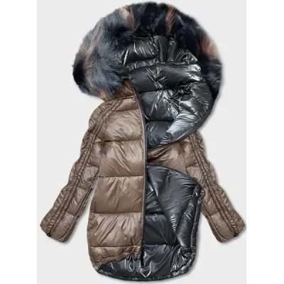 Dámská oboustranná zimní bunda oversize MODA1088 tmavě šedo-béžová
