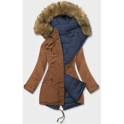 Dámská oboustranná zimní bunda MODA21508 karamelovo-tmavě modrá