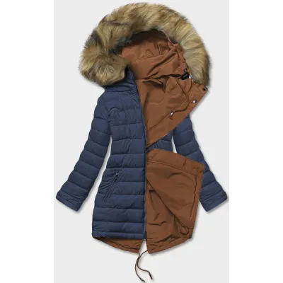 Dámská oboustranná zimní bunda MODA21508 karamelovo-tmavě modrá