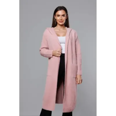 Dlouhý vlněný kabát alpaka s kapucí MODA105 světle růžový