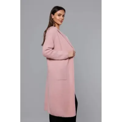 Dlouhý vlněný kabát alpaka s kapucí MODA105 světle růžový