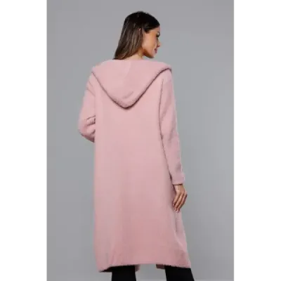 Dlouhý vlněný kabát alpaka s kapucí MODA105 světle růžový