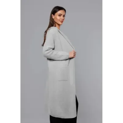 Dlouhý vlněný kabát alpaka s kapucí MODA105-1 světle šedý