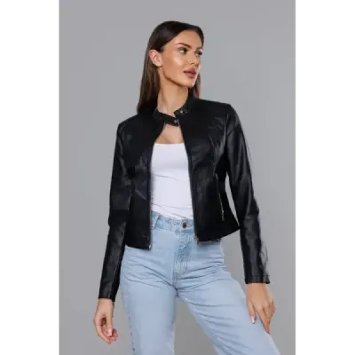 Klasická dámská koženková bunda MODA8033 černá Klasická dámská koženková bunda MODA8033 černá