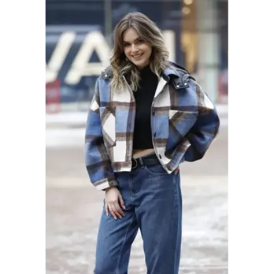 Krátká dámská košilová bunda MODA1839 modrá