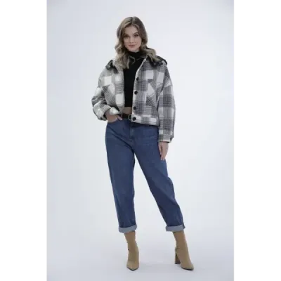 Krátká dámská košilová bunda MODA1839 ecru-šedá
