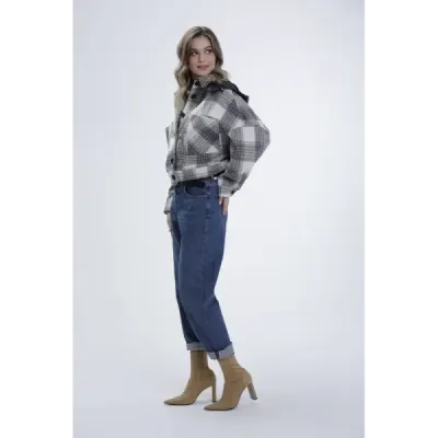 Krátká dámská košilová bunda MODA1839 ecru-šedá