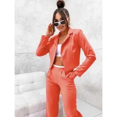 Dámská souprava krátké sako + široké kalhoty MODA8263 korálové