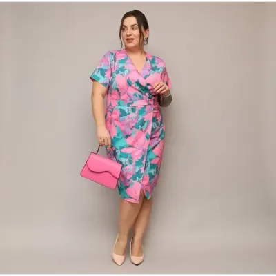 Dámské šaty po kolena PLUS SIZE MODA742 růžovo-zelené