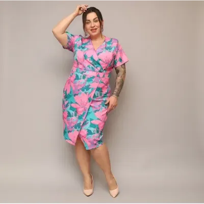 Dámské šaty po kolena PLUS SIZE MODA742 růžovo-zelené