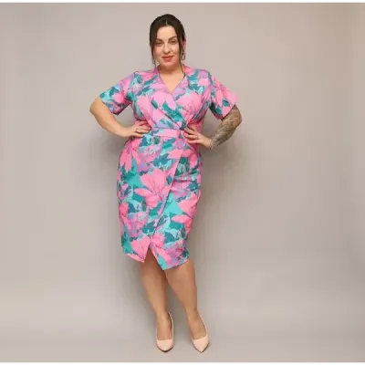 Dámské šaty po kolena PLUS SIZE MODA742 růžovo-zelené