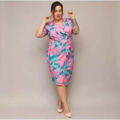Dámské šaty po kolena PLUS SIZE MODA742 růžovo-zelené