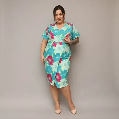 Dámské šaty po kolena PLUS SIZE MODA742 zeleno-fuksové